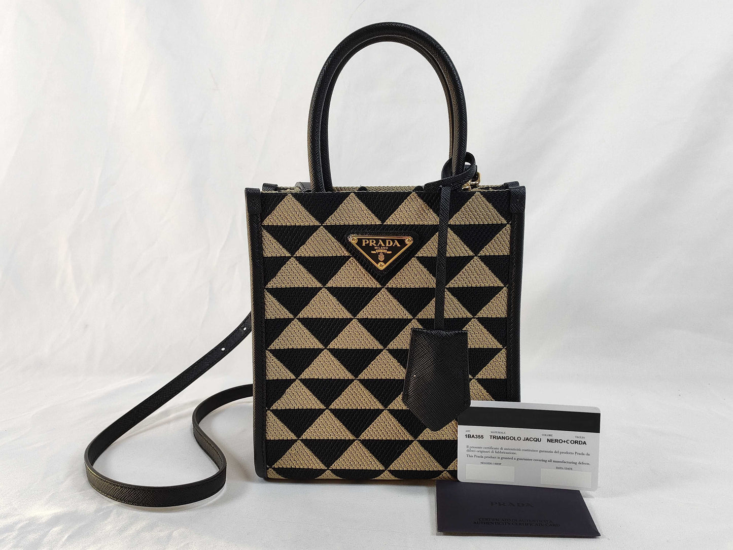 PRADA PRADA Symbol Embroidered Fabric Mini Bag 1BA355 Black x Beige Jacquard x Saffiano Leather RFID Verified Handbag
