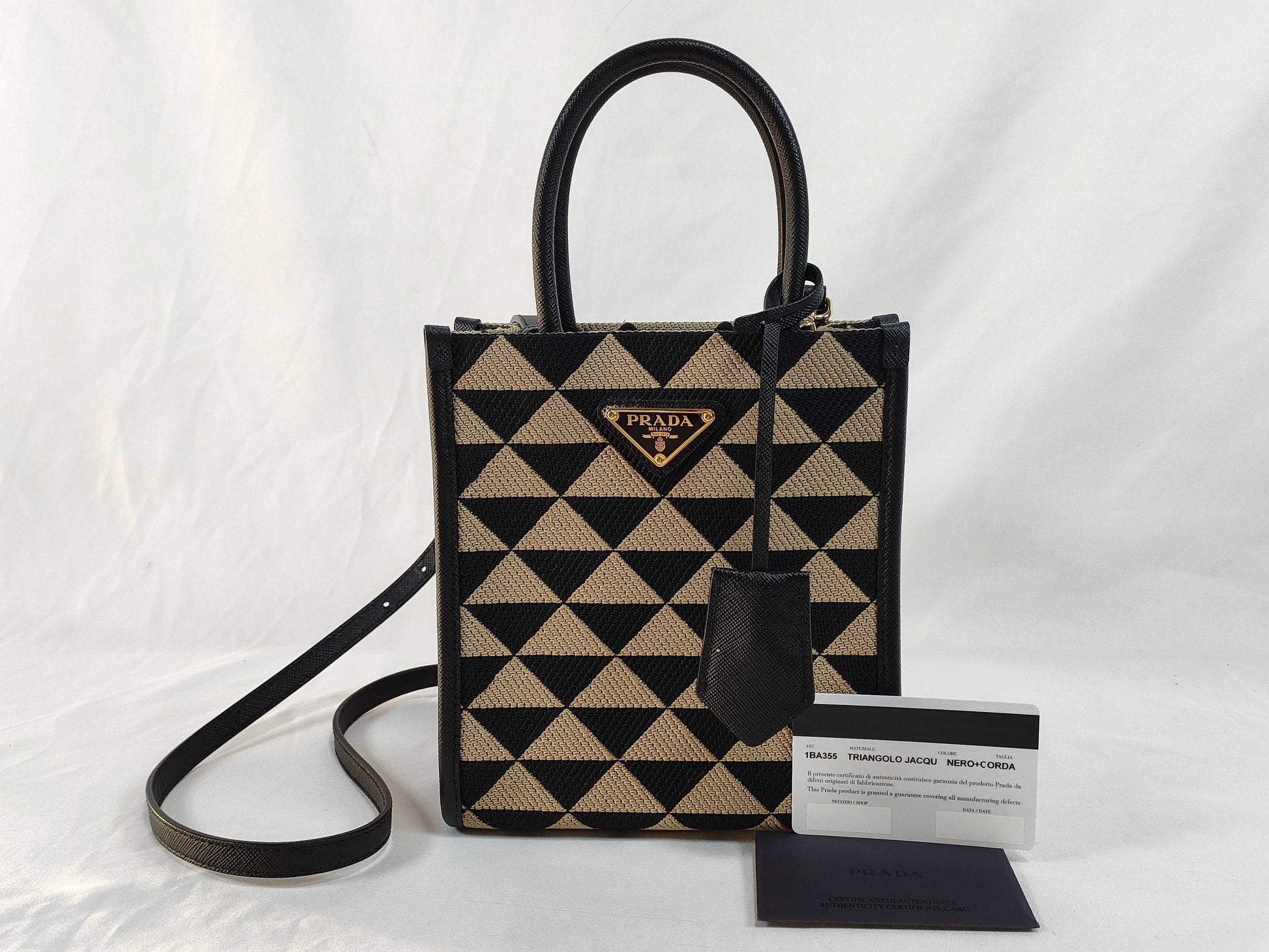 PRADA PRADA Symbol Embroidered Fabric Mini Bag 1BA355 Black x Beige Jacquard x Saffiano Leather RFID Verified Handbag