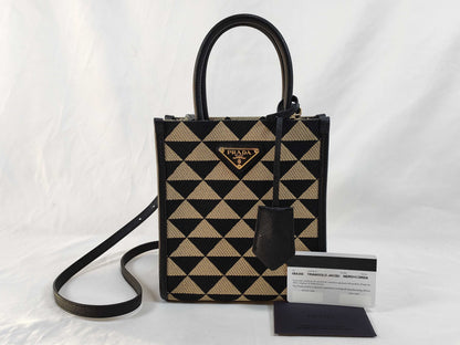 PRADA PRADA Symbol Embroidered Fabric Mini Bag 1BA355 Black x Beige Jacquard x Saffiano Leather RFID Verified Handbag