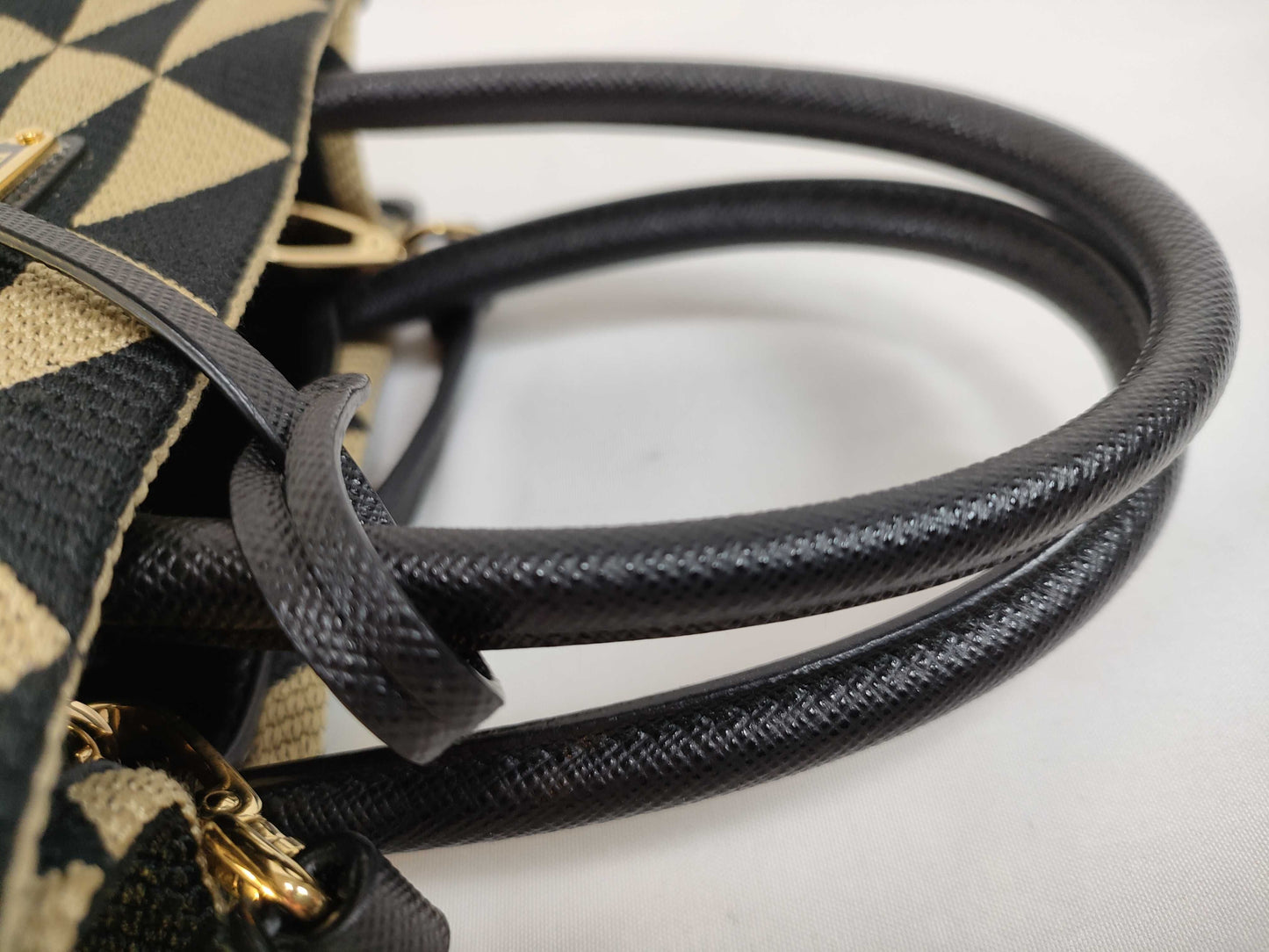 PRADA PRADA Symbol Embroidered Fabric Mini Bag 1BA355 Black x Beige Jacquard x Saffiano Leather RFID Verified Handbag