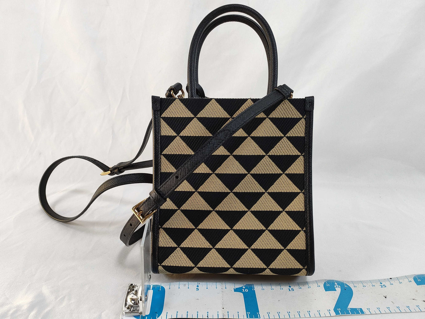 PRADA PRADA Symbol Embroidered Fabric Mini Bag 1BA355 Black x Beige Jacquard x Saffiano Leather RFID Verified Handbag