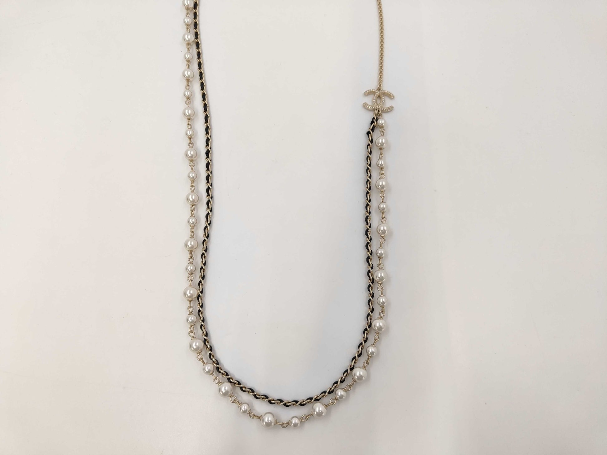 CHANEL CHANEL Necklace Silver x Black x Ivory Leather x Faux Pearl B21B Long Necklace/2 Necklace