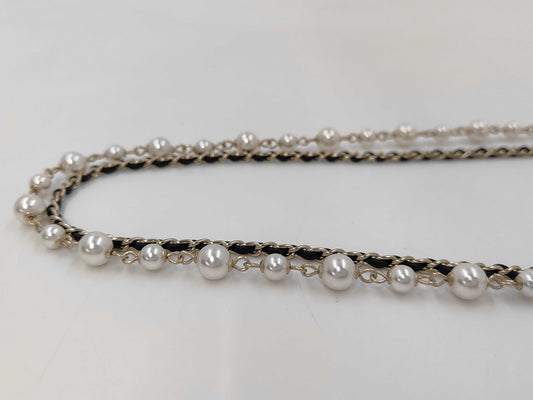 CHANEL CHANEL Necklace Silver x Black x Ivory Leather x Faux Pearl B21B Long Necklace/2 Necklace