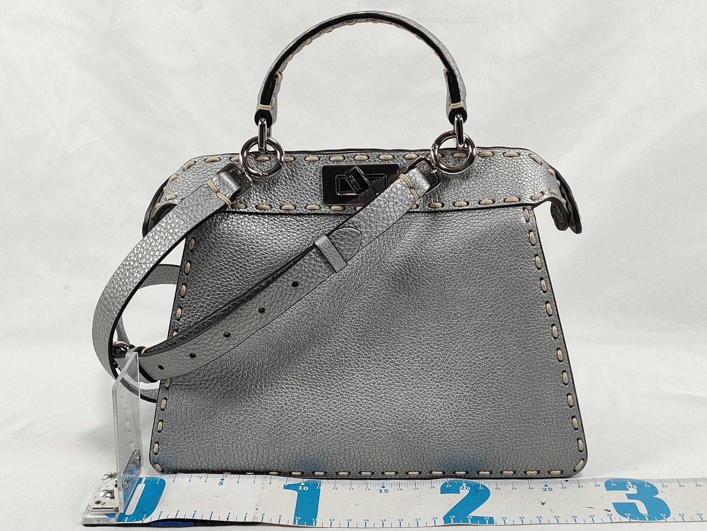 FENDI Cerelia/Peekaboo I.C. Small Handbag 8BN327-AJGM Silver Roman Leather Handbag