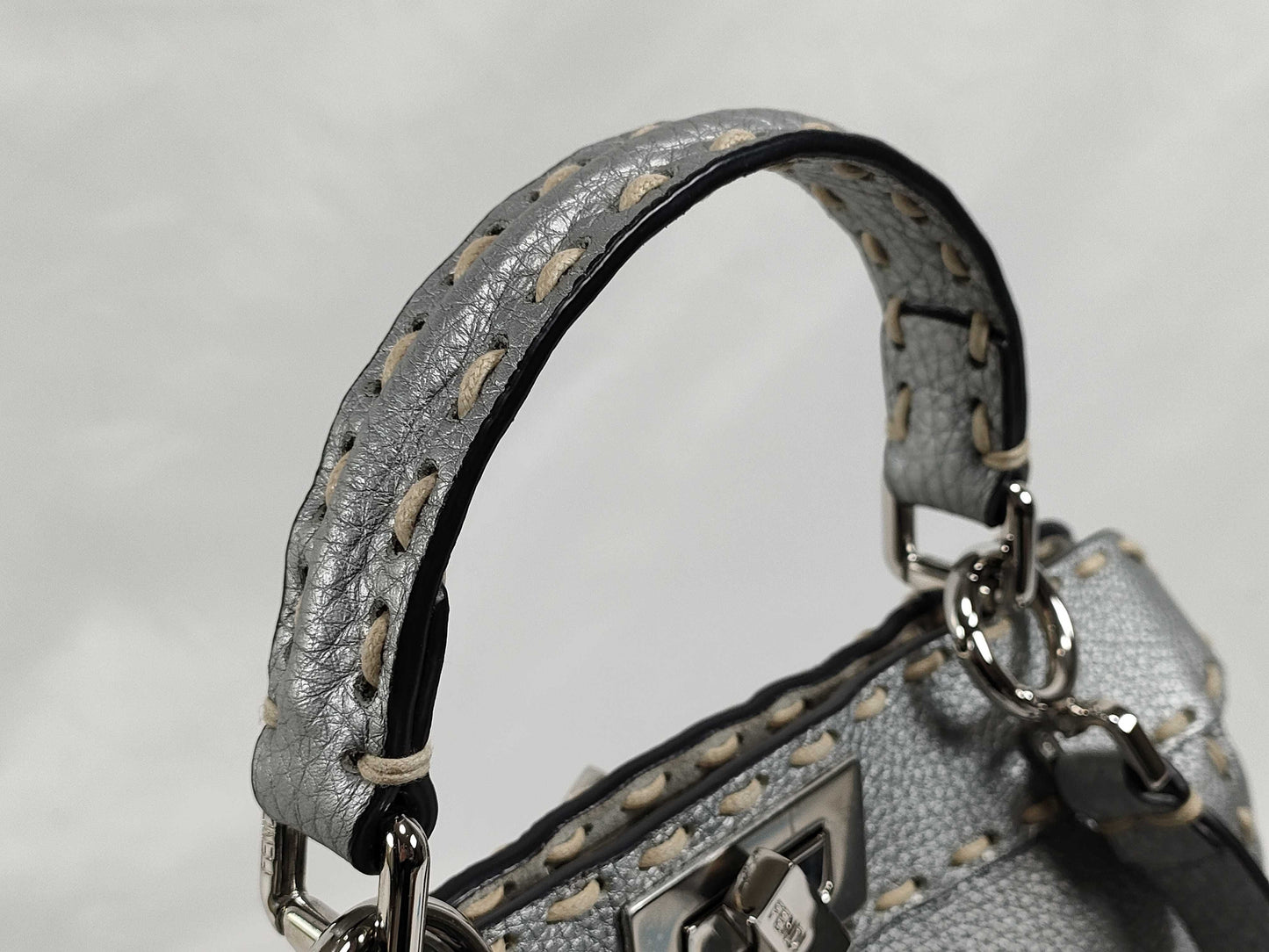 FENDI Cerelia/Peekaboo I.C. Small Handbag 8BN327-AJGM Silver Roman Leather Handbag