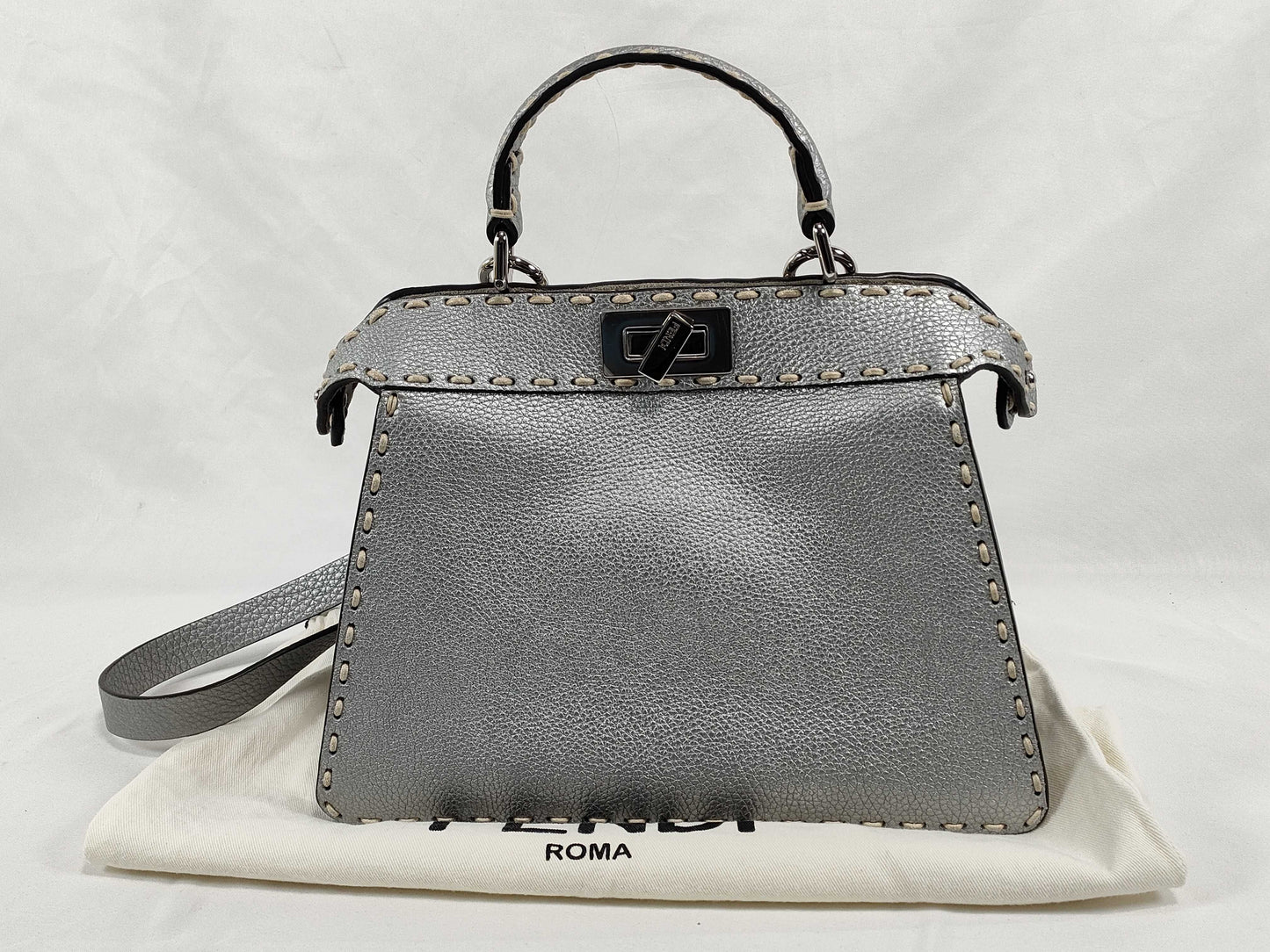 FENDI Cerelia/Peekaboo I.C. Small Handbag 8BN327-AJGM Silver Roman Leather Handbag