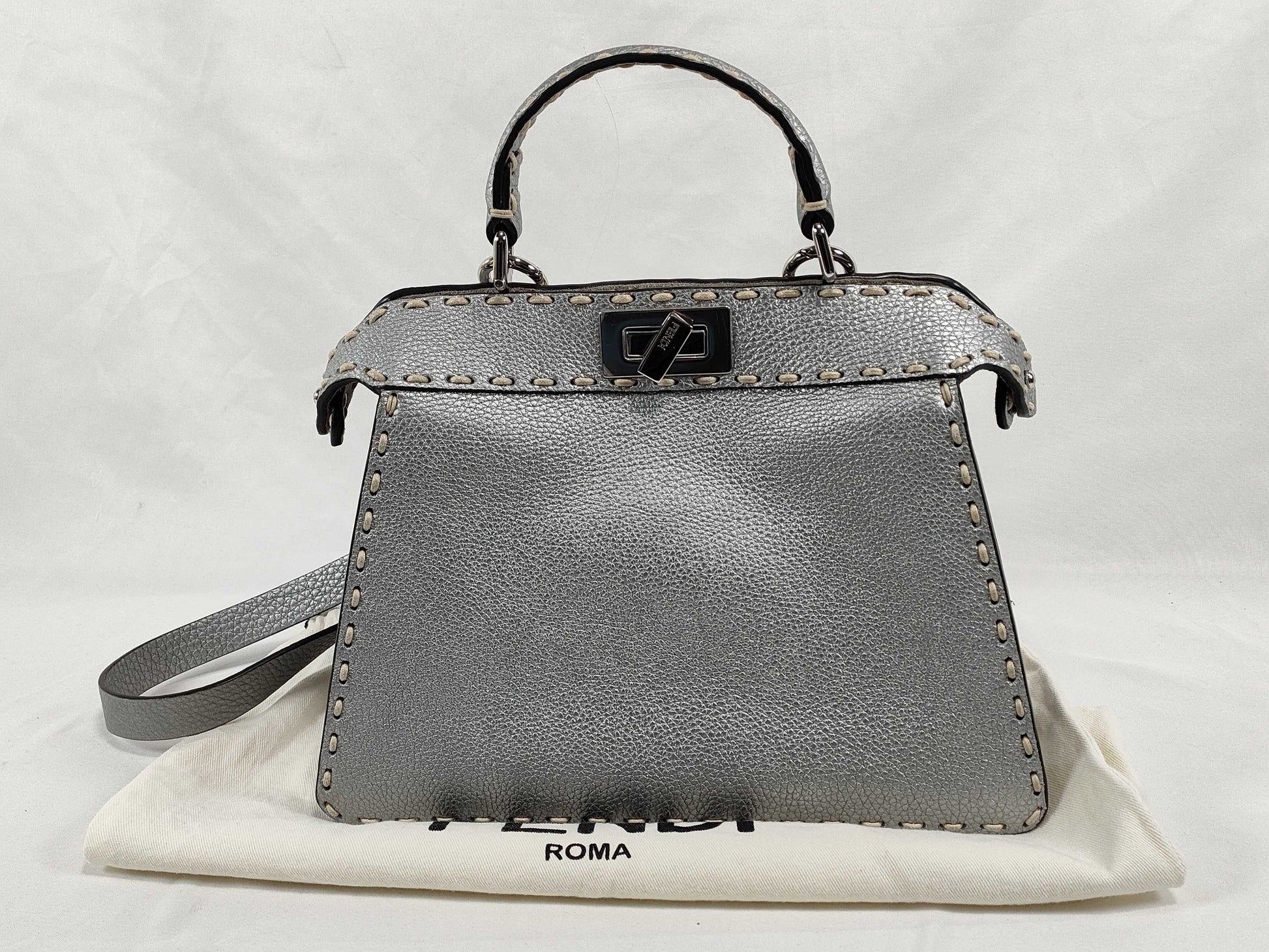 FENDI Cerelia/Peekaboo I.C. Small Handbag 8BN327-AJGM Silver Roman Leather Handbag