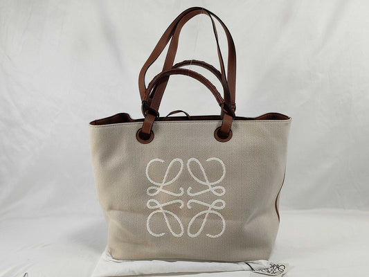 LOEWE LOEWE Anagram Tote Bag A717T23X02 White x Brown Jacquard x Calf Leather Tote Bag