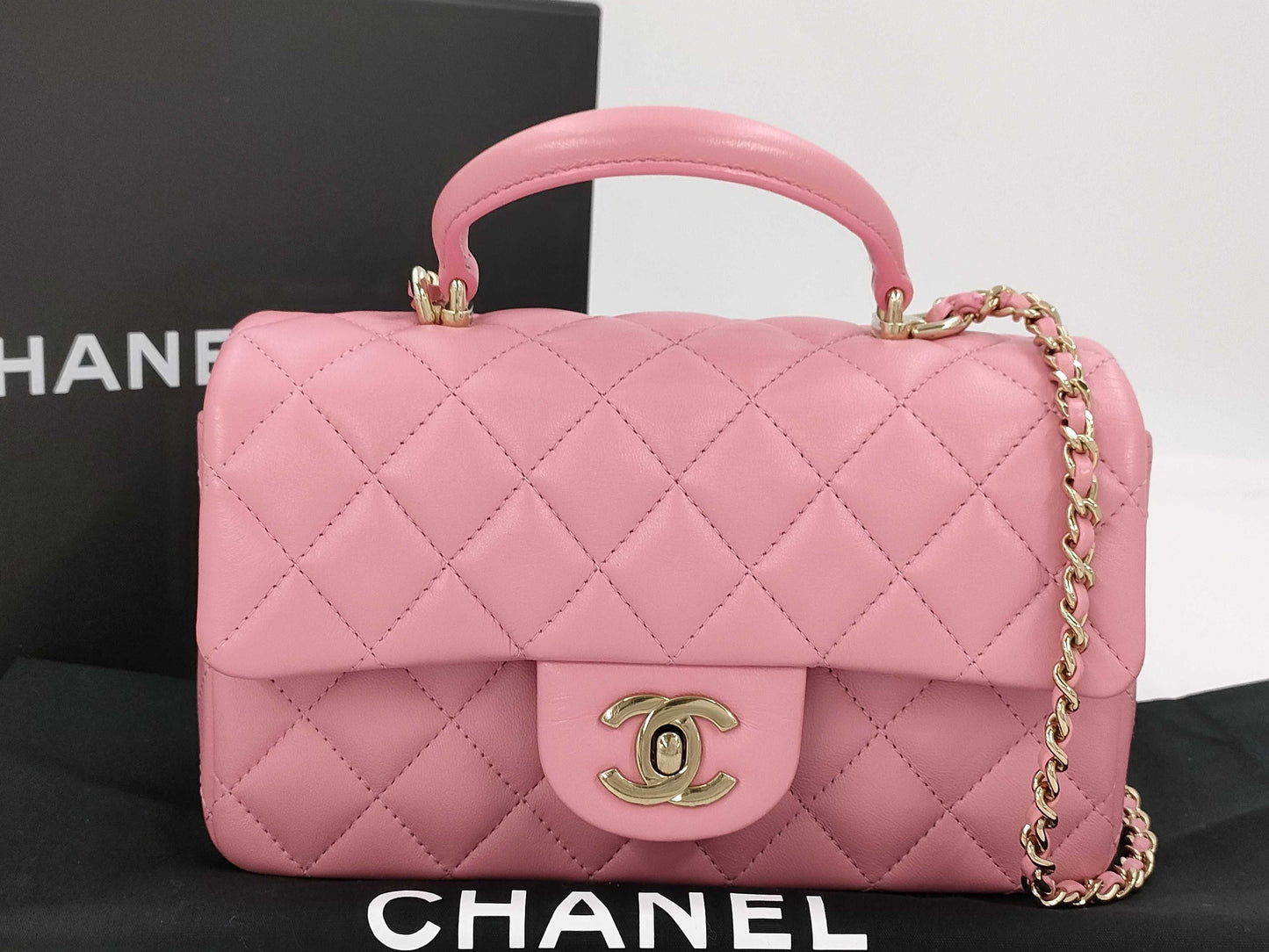 CHANEL Top Handle Lambskin Gold Hardware 2way Handbag Chain Shoulder Bag Serial Fittings Plate Pink Handbag