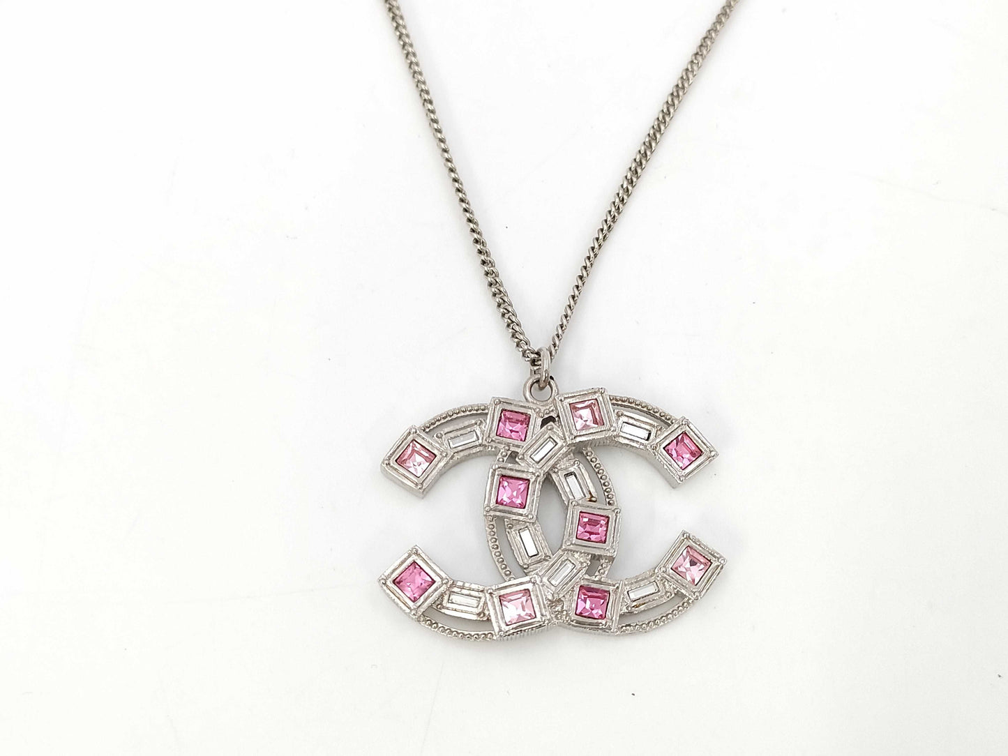 CHANEL B17S Cocomark Pink Stone Silver Necklace
