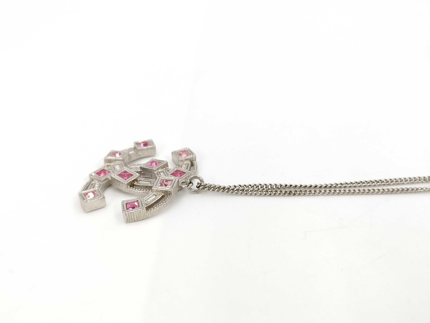CHANEL B17S Cocomark Pink Stone Silver Necklace