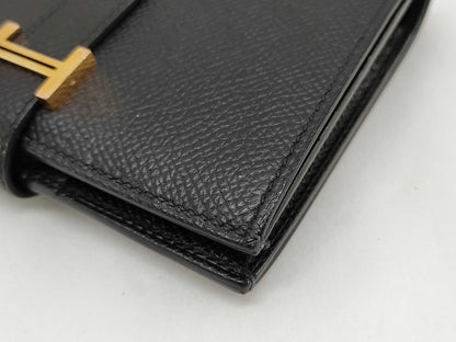 HERMES Beane Hermes Bean Compact D Engraving Epson Gold Hardware Black Wallet