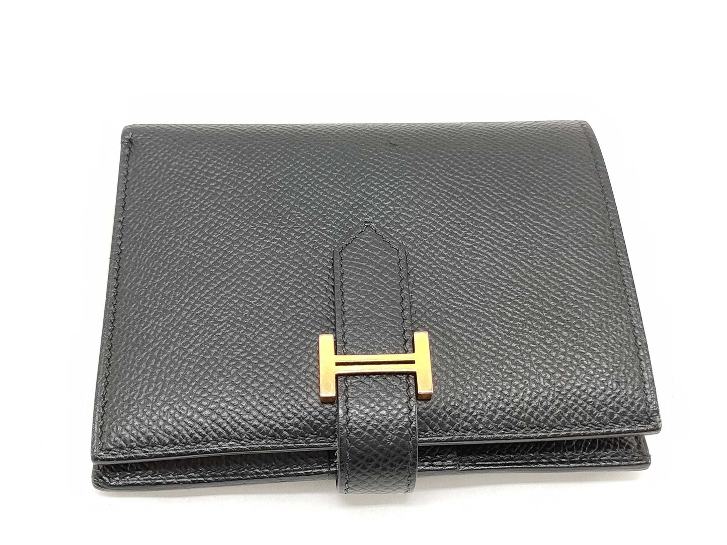 HERMES Beane Hermes Bean Compact D Engraving Epson Gold Hardware Black Wallet
