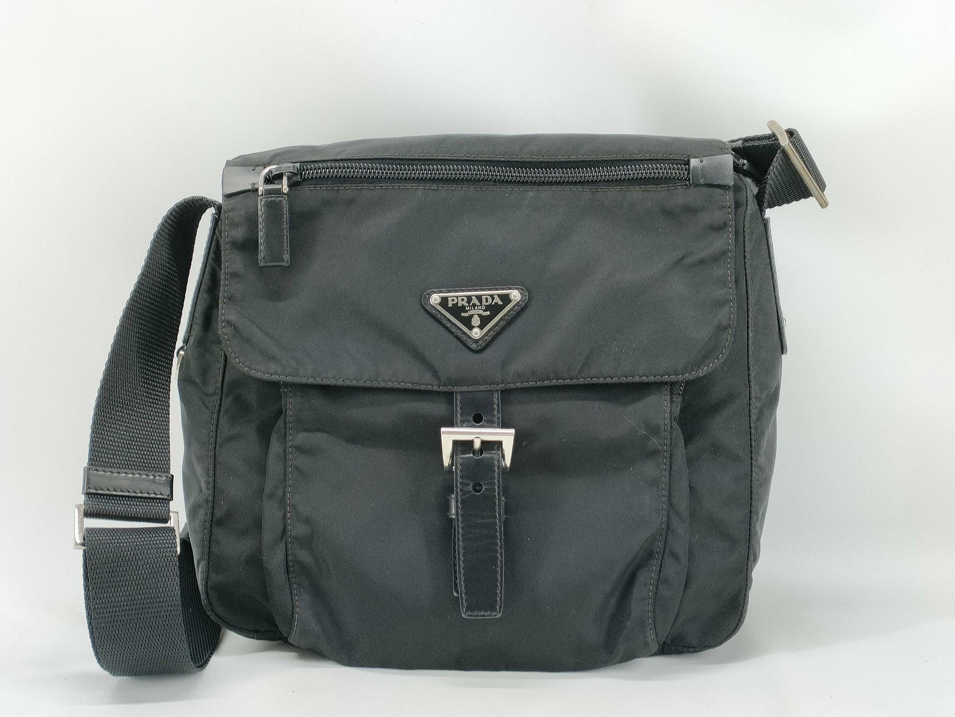 PRADA Nylon Tessuto Triangle Plate Shoulder Bag with Silver Hardware, Black