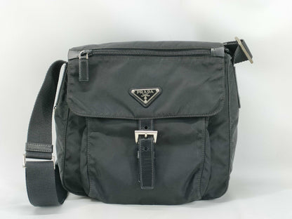PRADA Nylon Tessuto Triangle Plate Shoulder Bag with Silver Hardware, Black