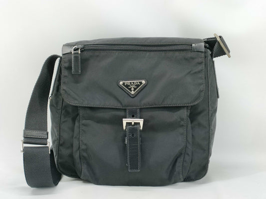 PRADA Nylon Tessuto Triangle Plate Shoulder Bag with Silver Hardware, Black