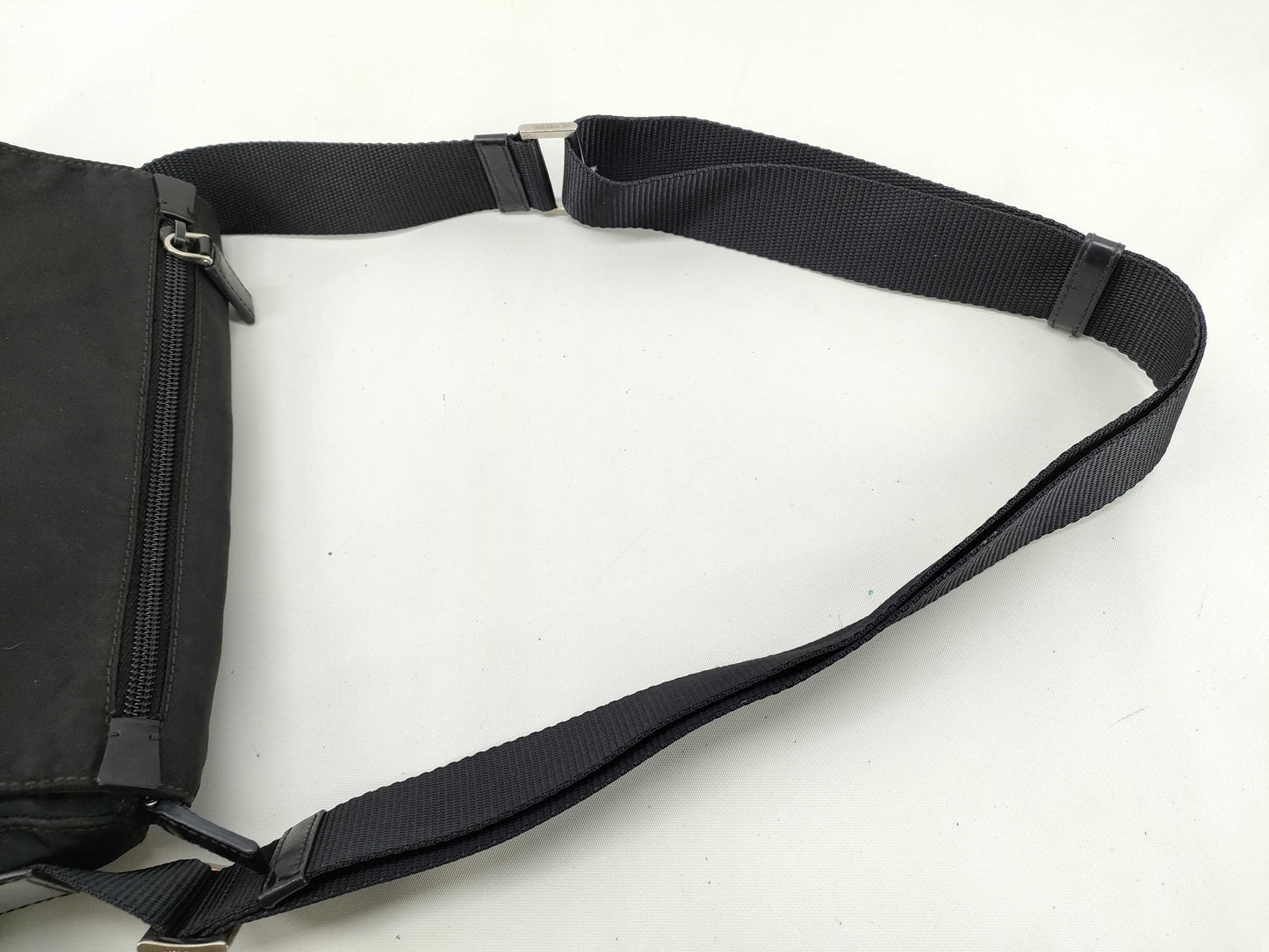 PRADA Nylon Tessuto Triangle Plate Shoulder Bag with Silver Hardware, Black