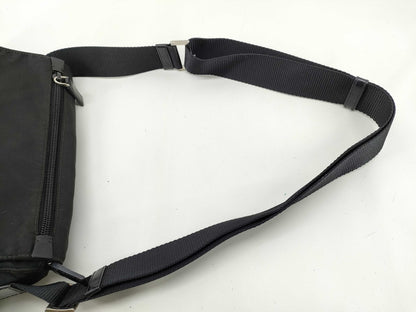 PRADA Nylon Tessuto Triangle Plate Shoulder Bag with Silver Hardware, Black