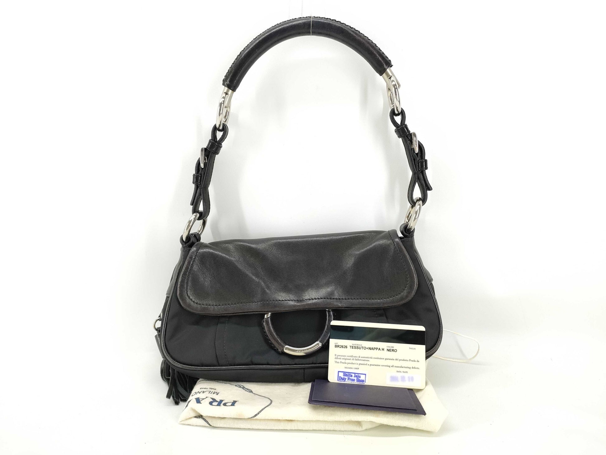 PRADA Nylon Prada BR2626 Fringe Tassel Handbag Nappa Leather x Tesuto Nero [Black] Handbag