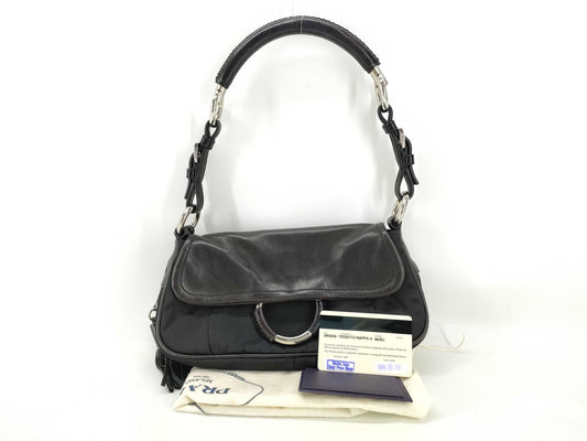 PRADA Nylon Prada BR2626 Fringe Tassel Handbag Nappa Leather x Tesuto Nero [Black] Handbag