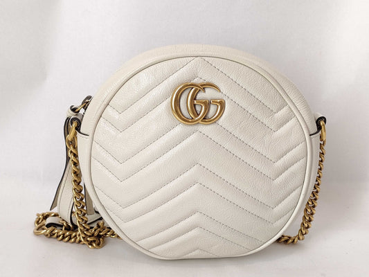 GUCCI GG Marmont Round Chain Shoulder Bag in Ivory Leather 