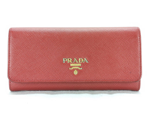 PRADA Prada Logo Plate Long Wallet Leather Red Wallet
