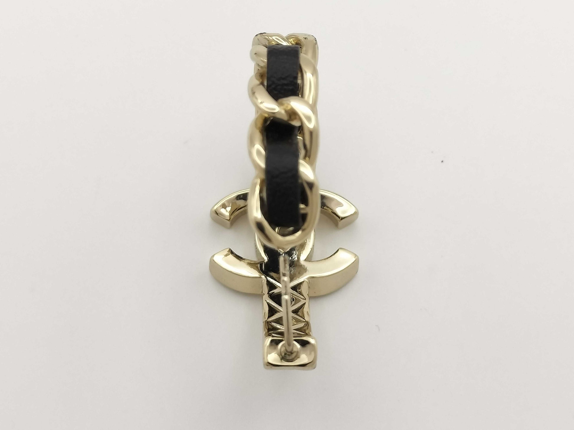 CHANEL Coco Mark Earrings, One Side, Metal, Leather, and Crystal, Gold and Black, B23K