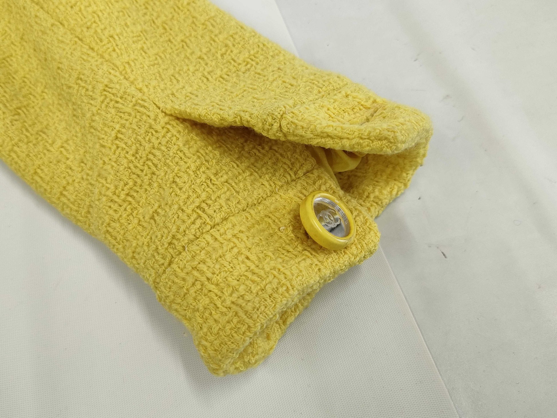 CHANEL Fall/Winter Jacket Tweed Mirror Button Wool Yellow Jacket