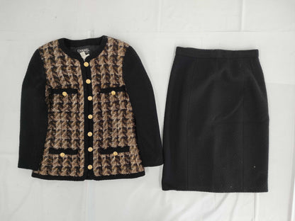 CHANEL Fall/Winter Jacket and Skirt Tweed Set, Wool and Acrylic, Black and Brown Multi, #34 Other Apparel
