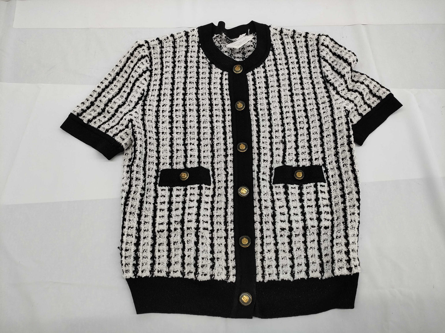 CHANEL Short Sleeve Cardigan Polyester x Acetate x Nylon White x Black #42 97P Other Apparel