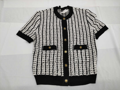 CHANEL Short Sleeve Cardigan Polyester x Acetate x Nylon White x Black #42 97P Other Apparel