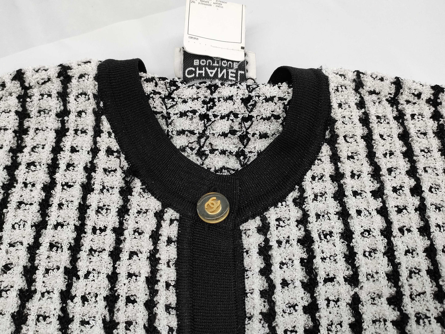 CHANEL Short Sleeve Cardigan Polyester x Acetate x Nylon White x Black #42 97P Other Apparel