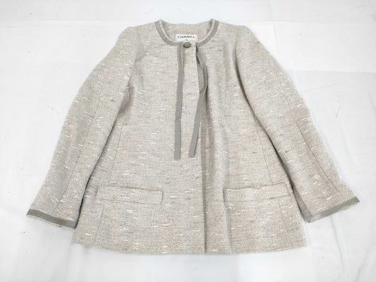 CHANEL Fall/Winter Tweed Jacket, Polyester/Rayon/Wool/Nylon, White/Silver, 99A Jacket