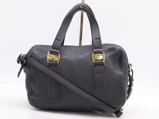 Salvatore Ferragamo Leather 2-Way Bag, Black, with Shoulder Strap, Handbag