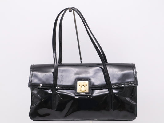 Salvatore Ferragamo Enamel Gancini Black Handbag