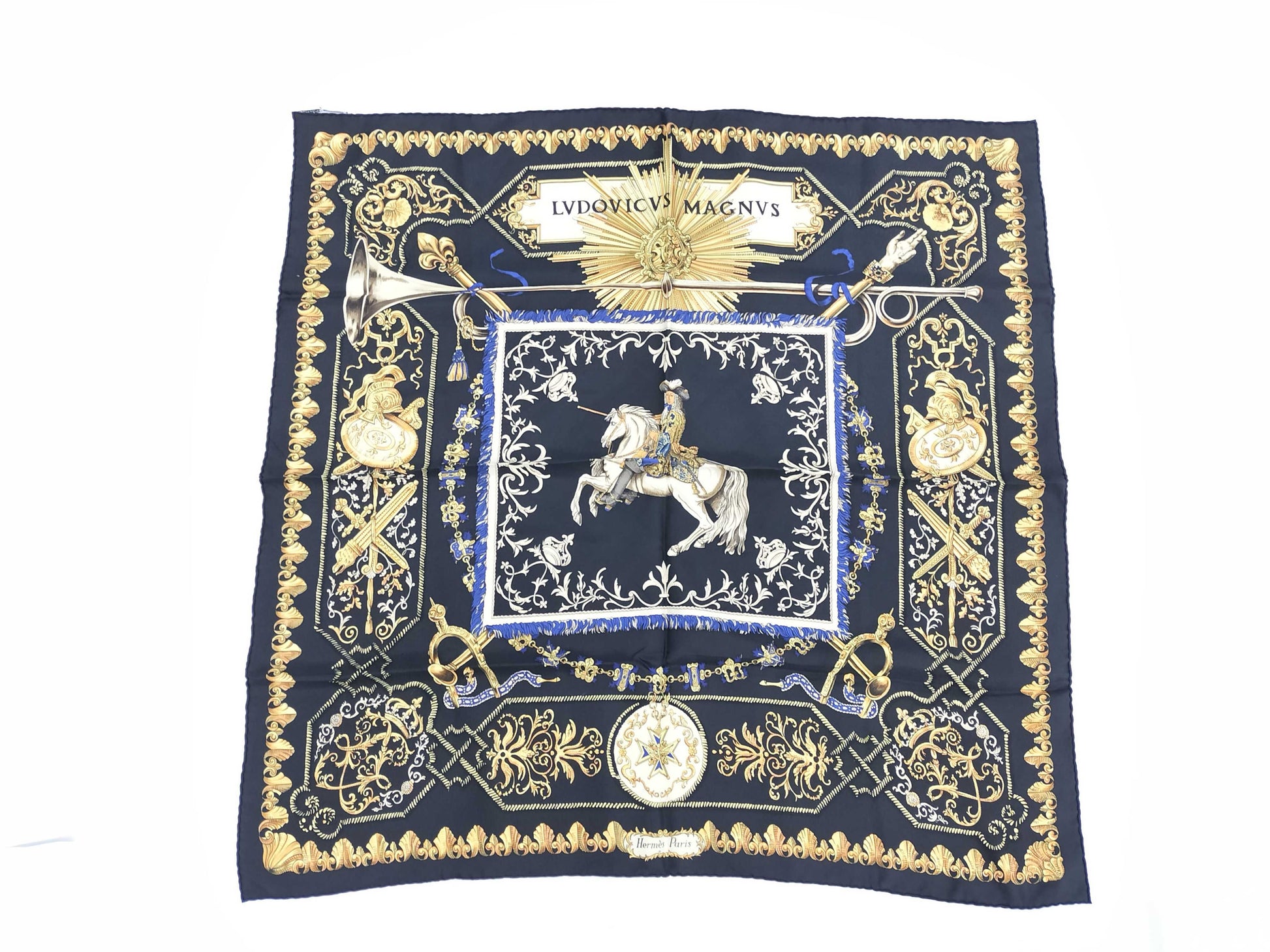 HERMES Silk Carré 90 LVDOVICVS MAGNVS Louis XIV on a White Horse Black Multicolor Scarf