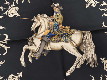 HERMES Silk Carré 90 LVDOVICVS MAGNVS Louis XIV on a White Horse Black Multicolor Scarf