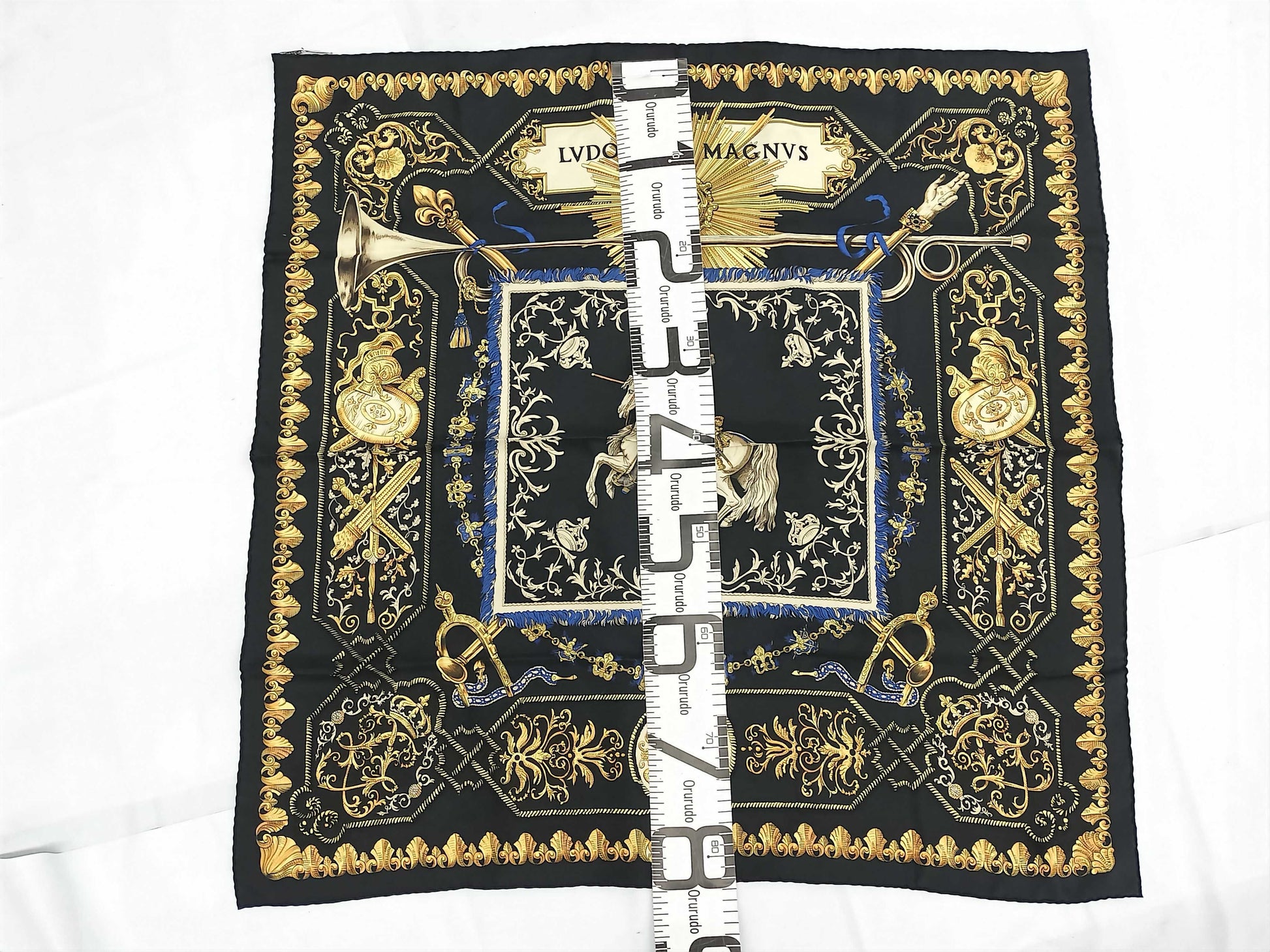 HERMES Silk Carré 90 LVDOVICVS MAGNVS Louis XIV on a White Horse Black Multicolor Scarf