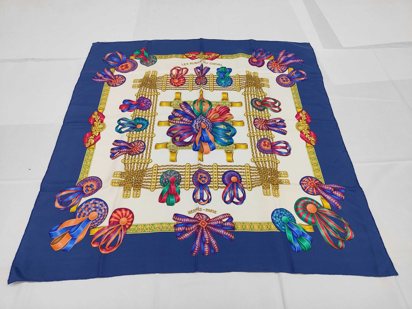 HERMES Silk Carré 90 LES RUBANS DU CHEVAL Horse Ribbon Blue Multicolor Scarf