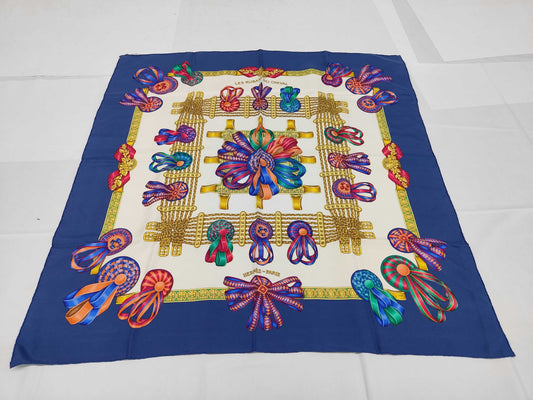 HERMES Silk Carré 90 LES RUBANS DU CHEVAL Horse Ribbon Blue Multicolor Scarf