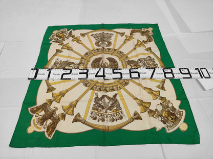 HERMES Silk Carré 90 Caty Scarf with Ancient Egyptian Scarab Pattern, Beige and Green