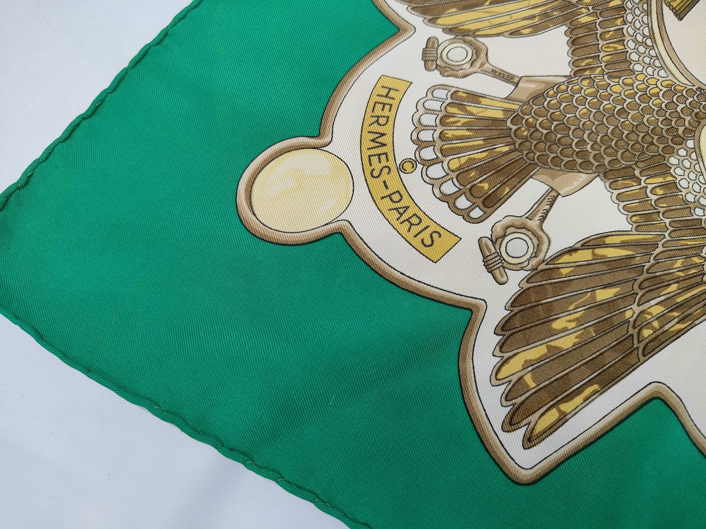 HERMES Silk Carré 90 Caty Scarf with Ancient Egyptian Scarab Pattern, Beige and Green