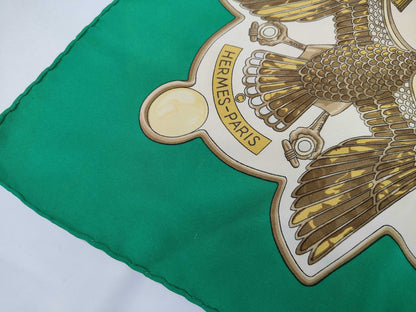 HERMES Silk Carré 90 Caty Scarf with Ancient Egyptian Scarab Pattern, Beige and Green