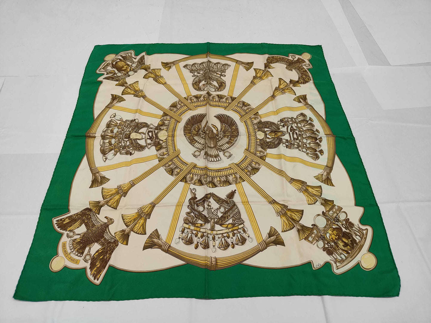 HERMES Silk Carré 90 Caty Scarf with Ancient Egyptian Scarab Pattern, Beige and Green