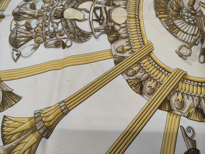 HERMES Silk Carré 90 Caty Scarf with Ancient Egyptian Scarab Pattern, Beige and Green