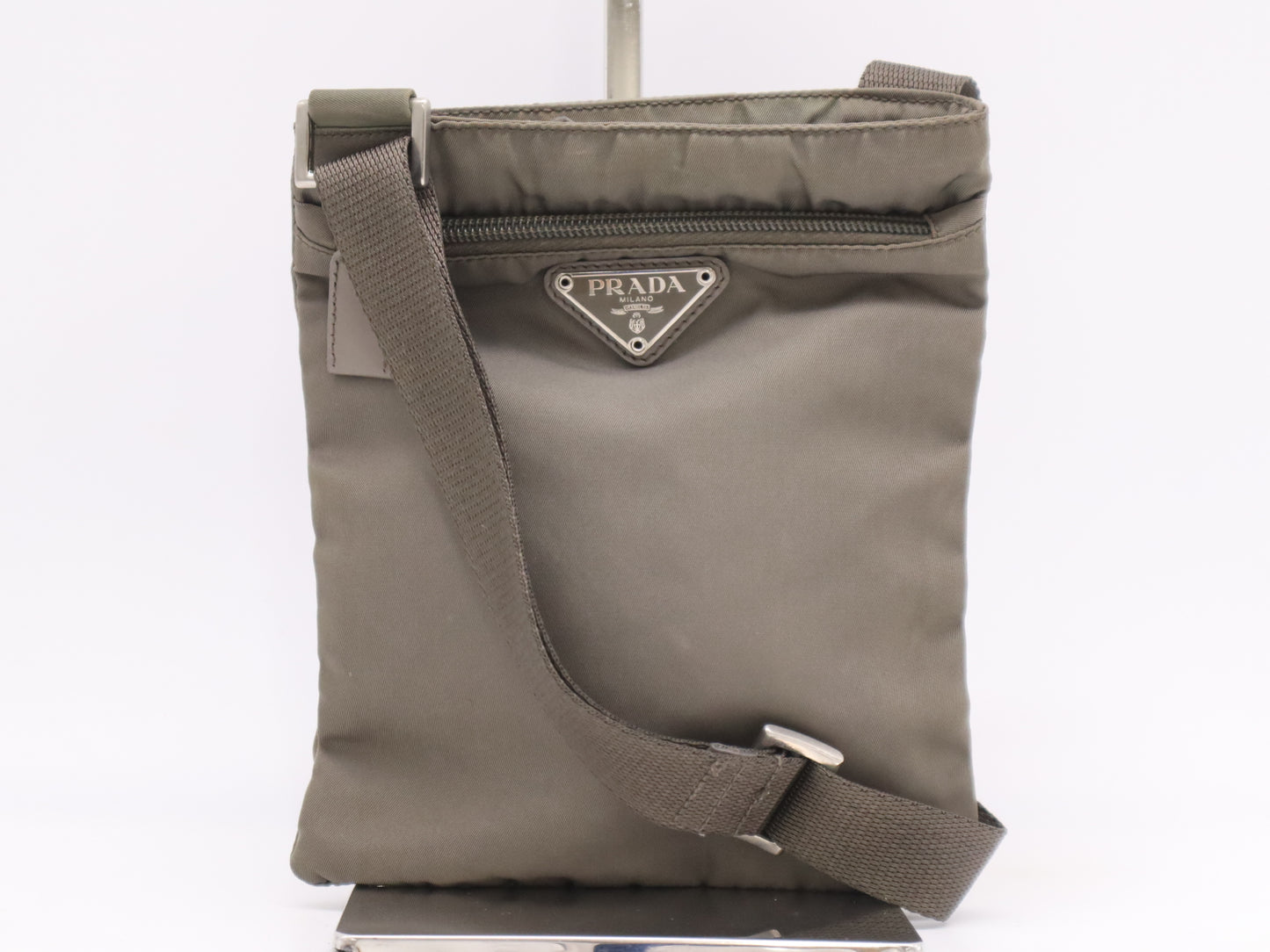 PRADA Nylon Triangle Logo Khaki Shoulder Bag