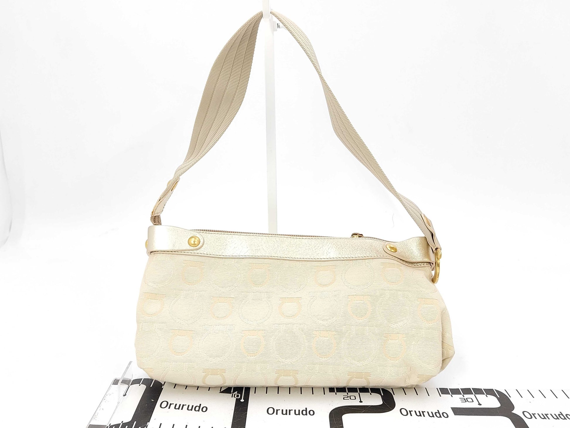 Salvatore Ferragamo AU-21/6342 Canvas and Leather Gancini Beige Shoulder Bag