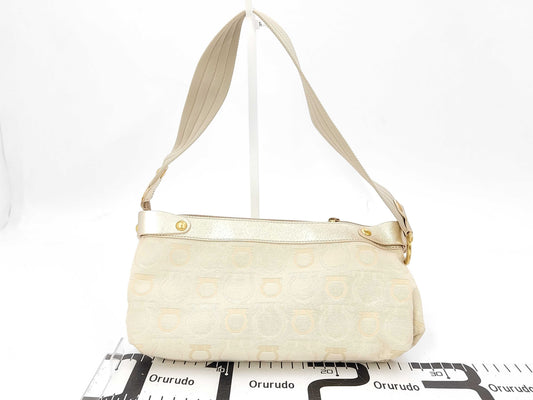 Salvatore Ferragamo AU-21/6342 Canvas and Leather Gancini Beige Shoulder Bag