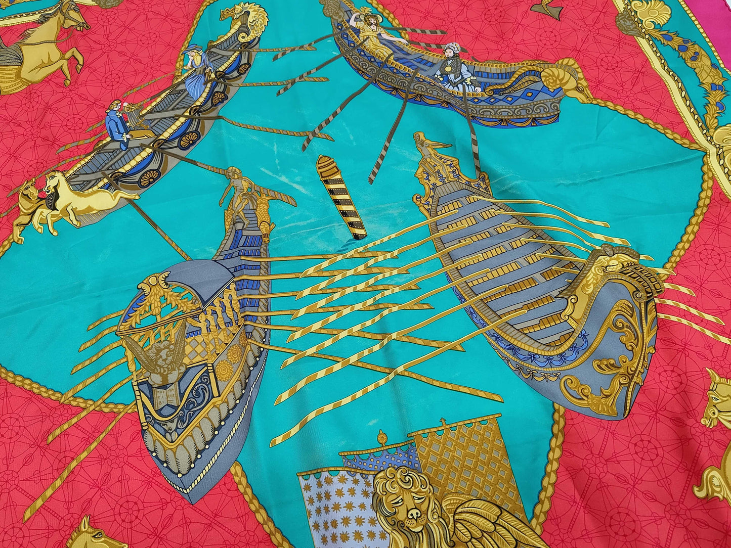 HERMES Silk Carré 90 "Les Bissons de Venice" Venice Ships Pink Multicolor Scarf