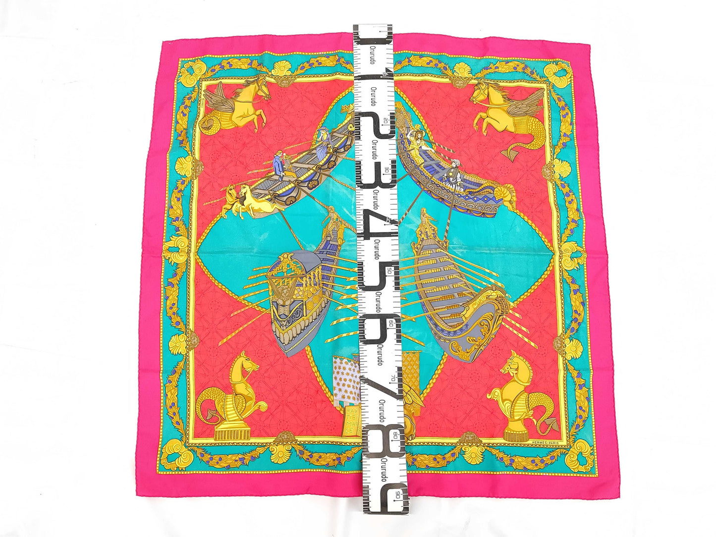HERMES Silk Carré 90 "Les Bissons de Venice" Venice Ships Pink Multicolor Scarf